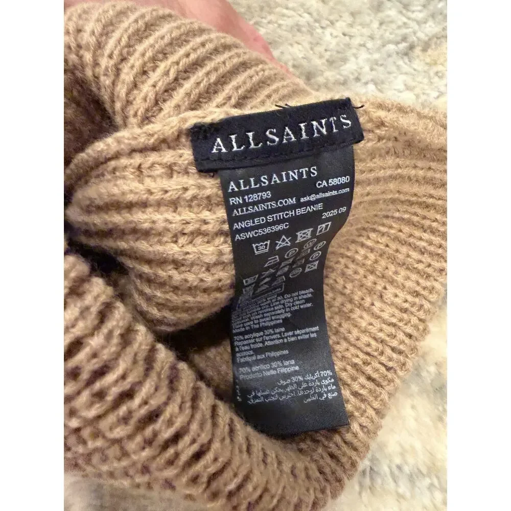 All Saints Camel Ribbed Knit Cuff Beanie $60 New With Flaw